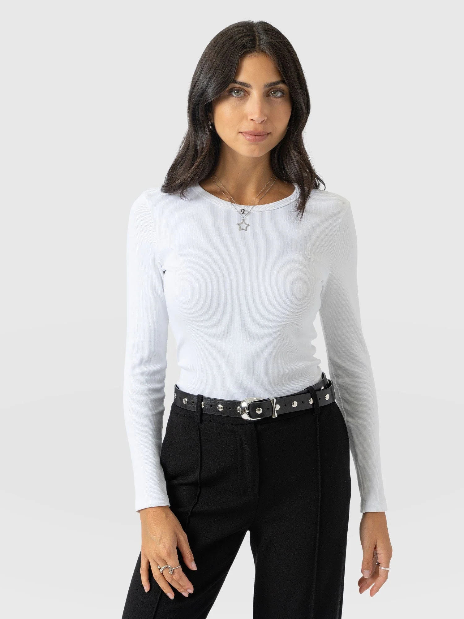 Ribbed Long Sleeve Tee - White - Image 2