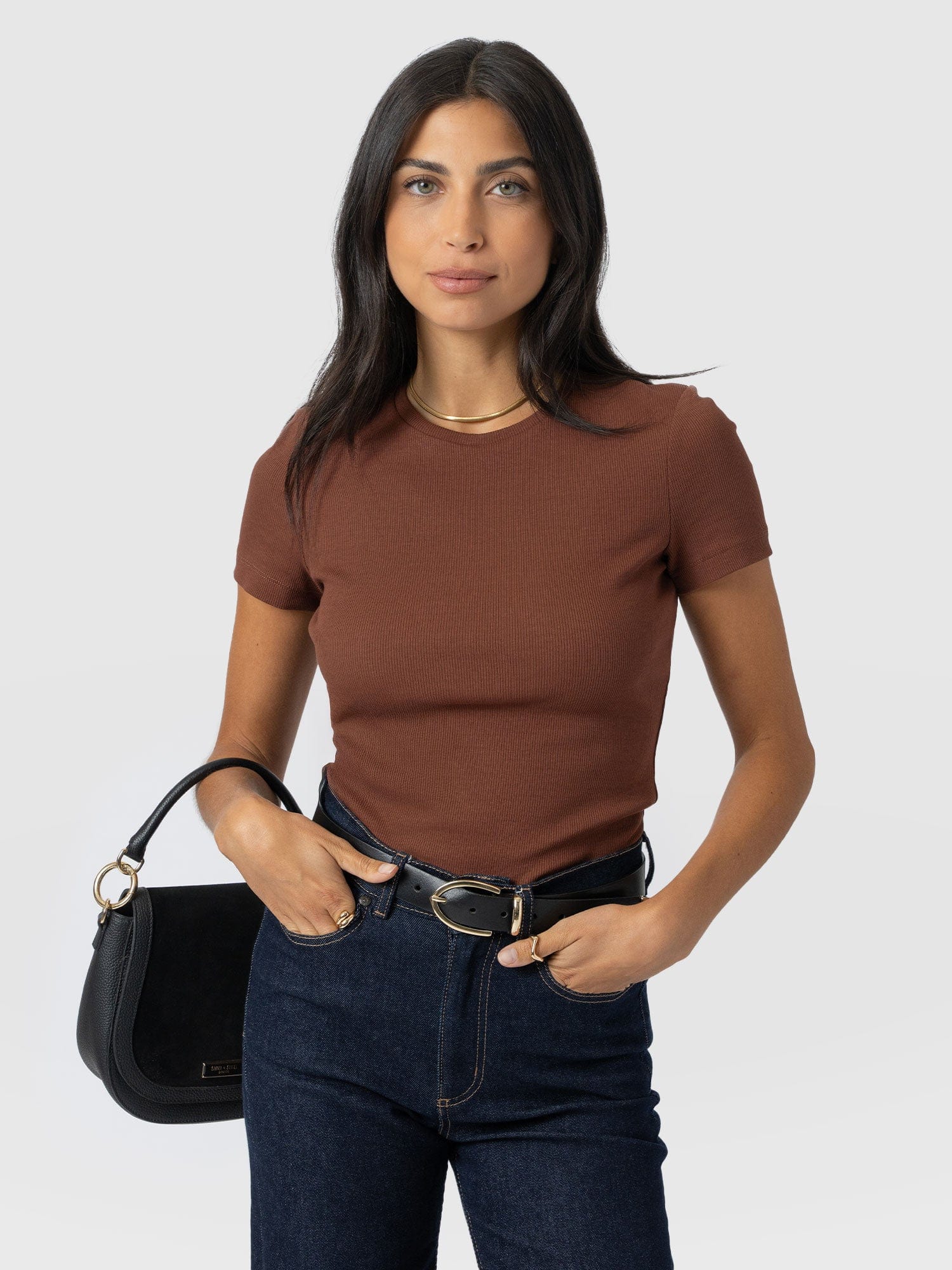 Ribbed Short Sleeve Tee - Russet Brown - Image 2