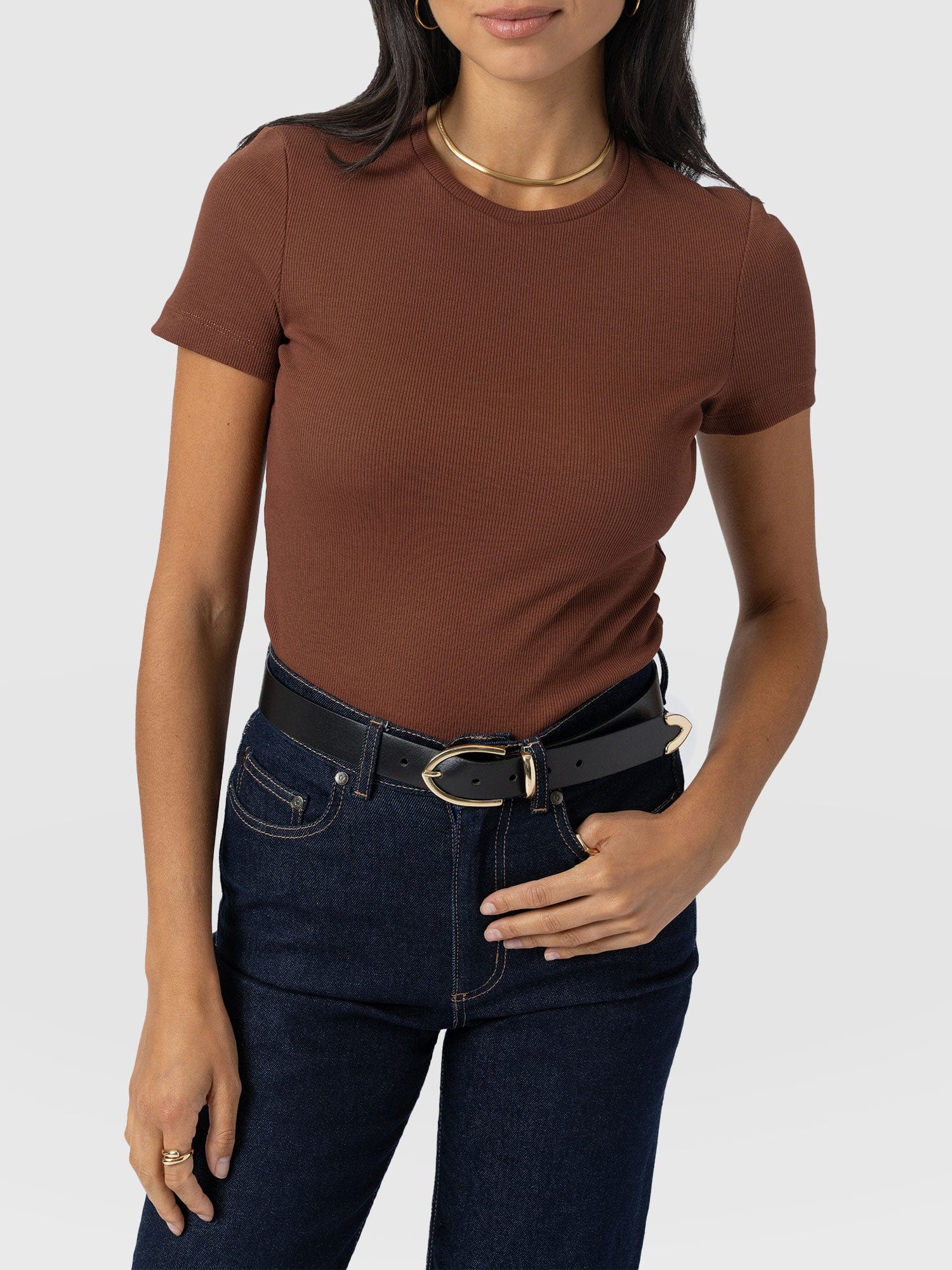 Ribbed Short Sleeve Tee - Russet Brown - Image 3