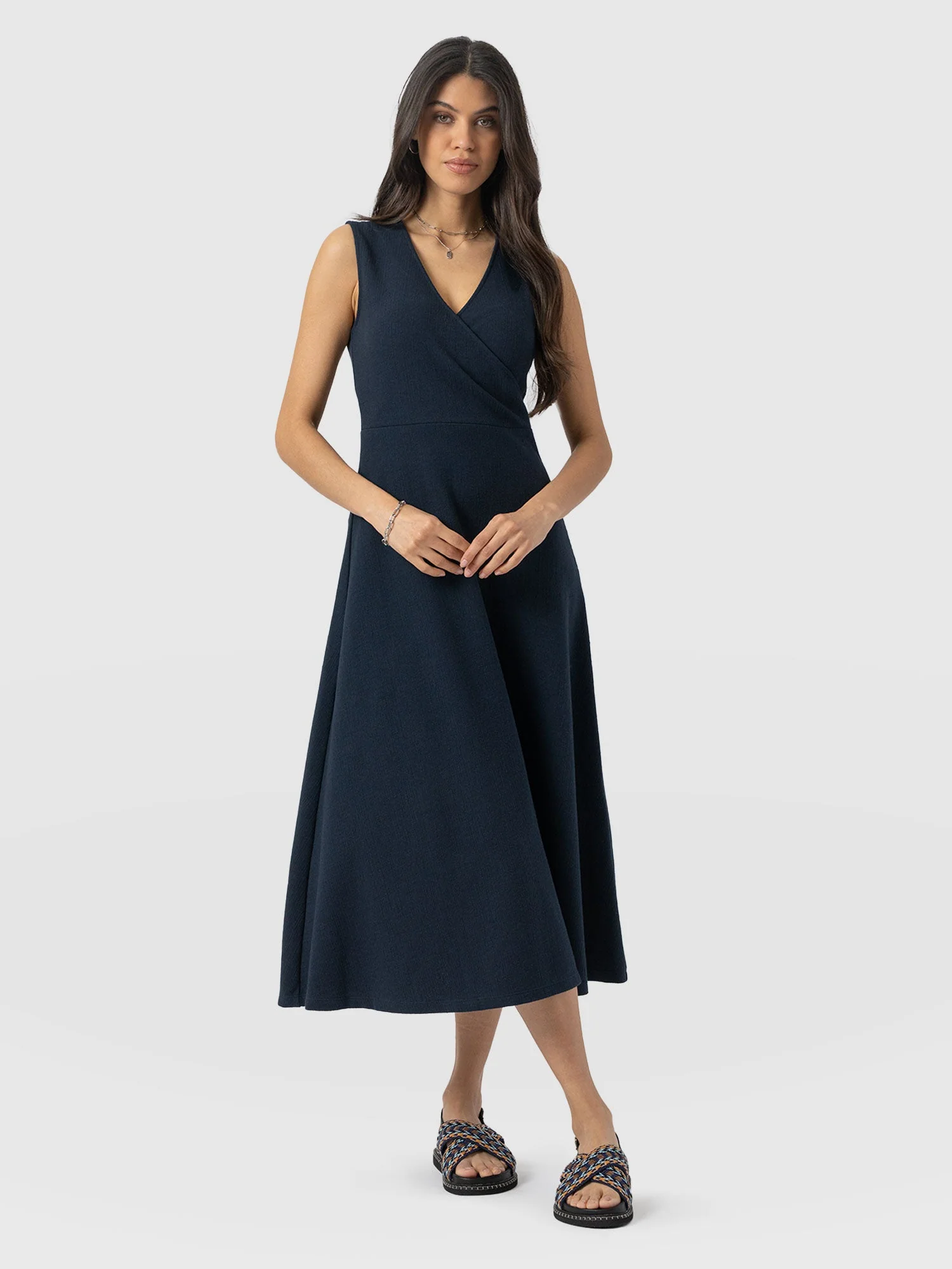 Sleeveless Maggie Wrap Dress - Navy Textured - Image 3
