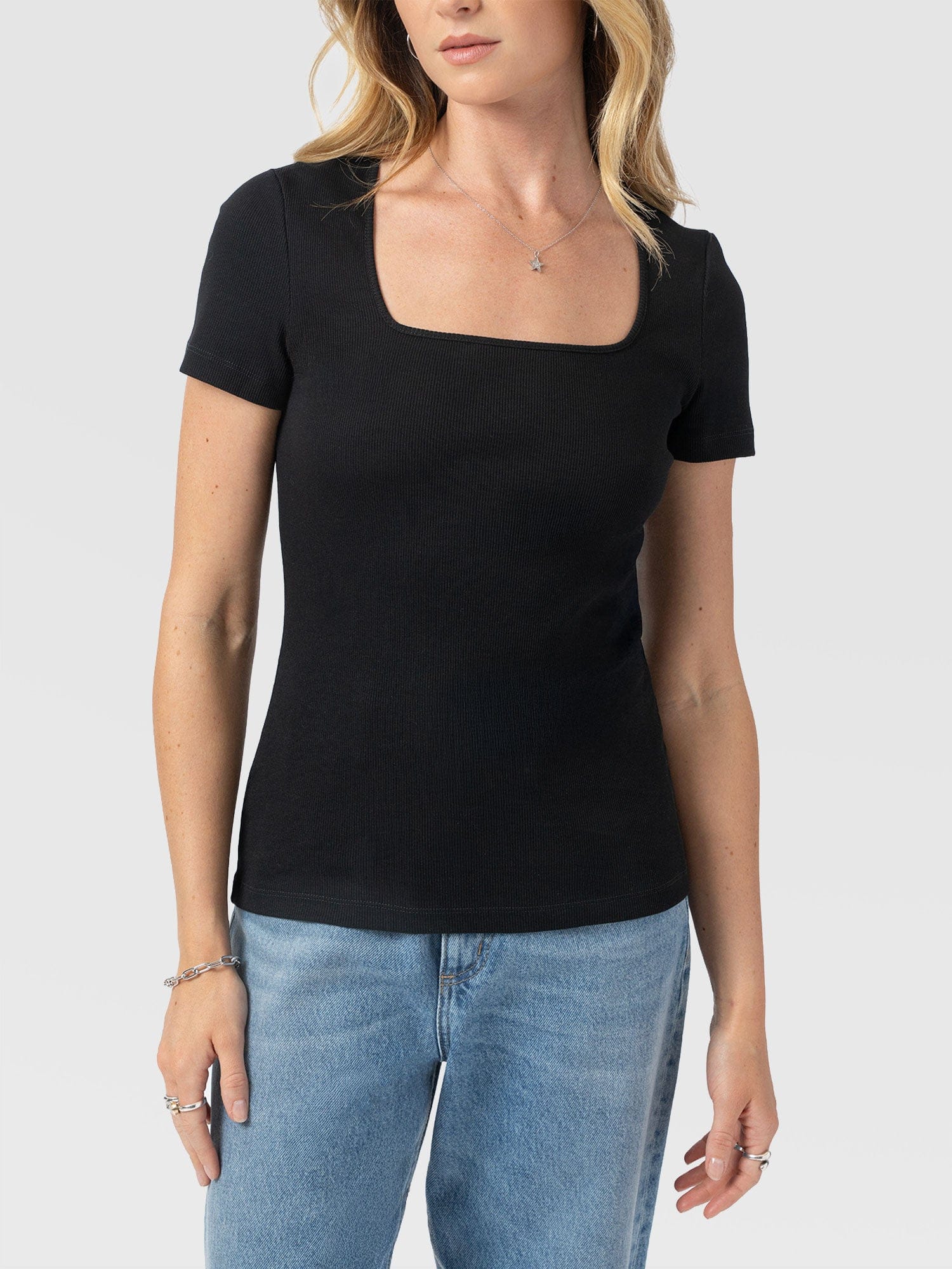 Sloane Ribbed Short Sleeve Tee - Black - Image 4