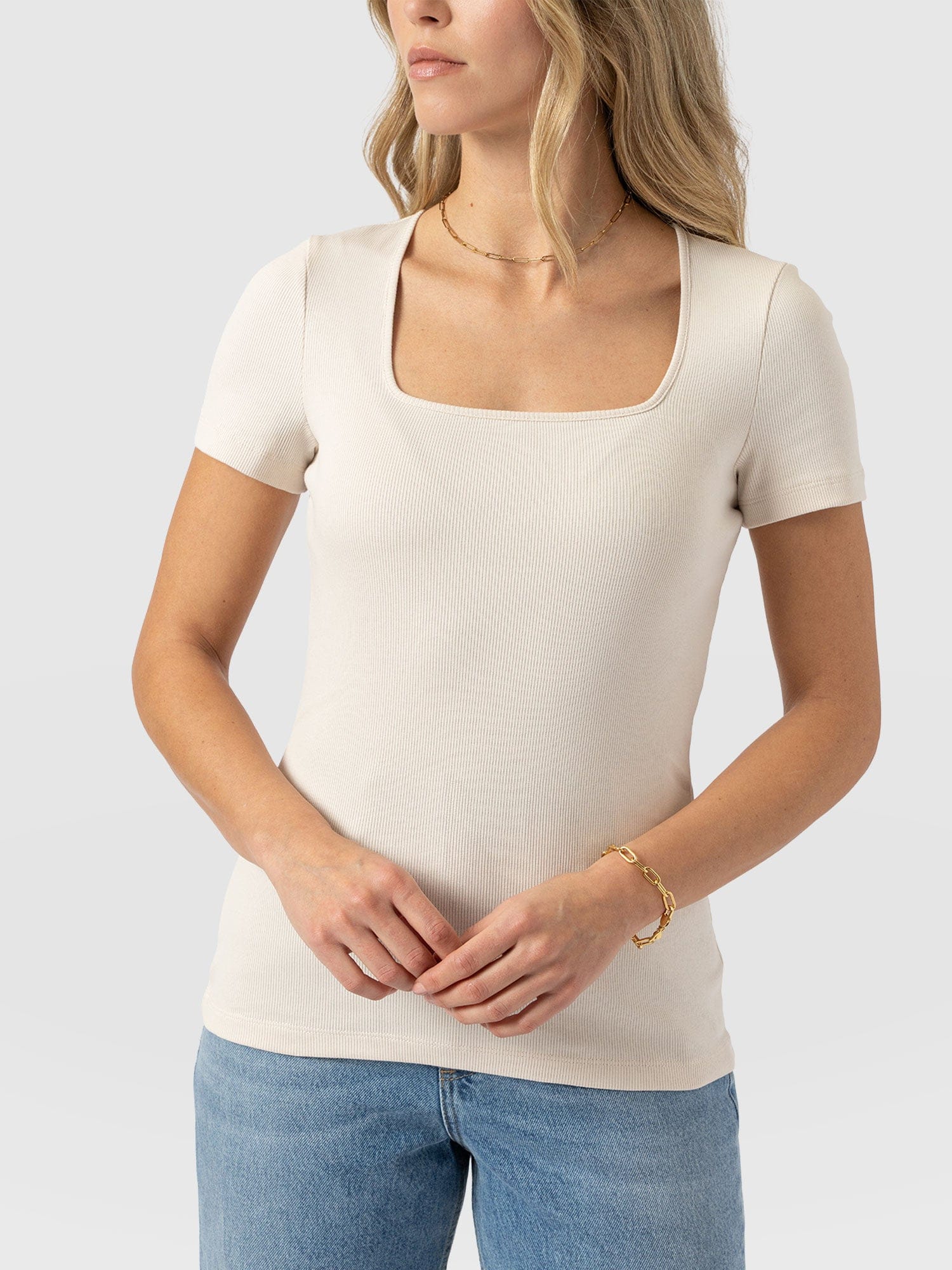 Sloane Ribbed Short Sleeve Tee - Cream - Image 3