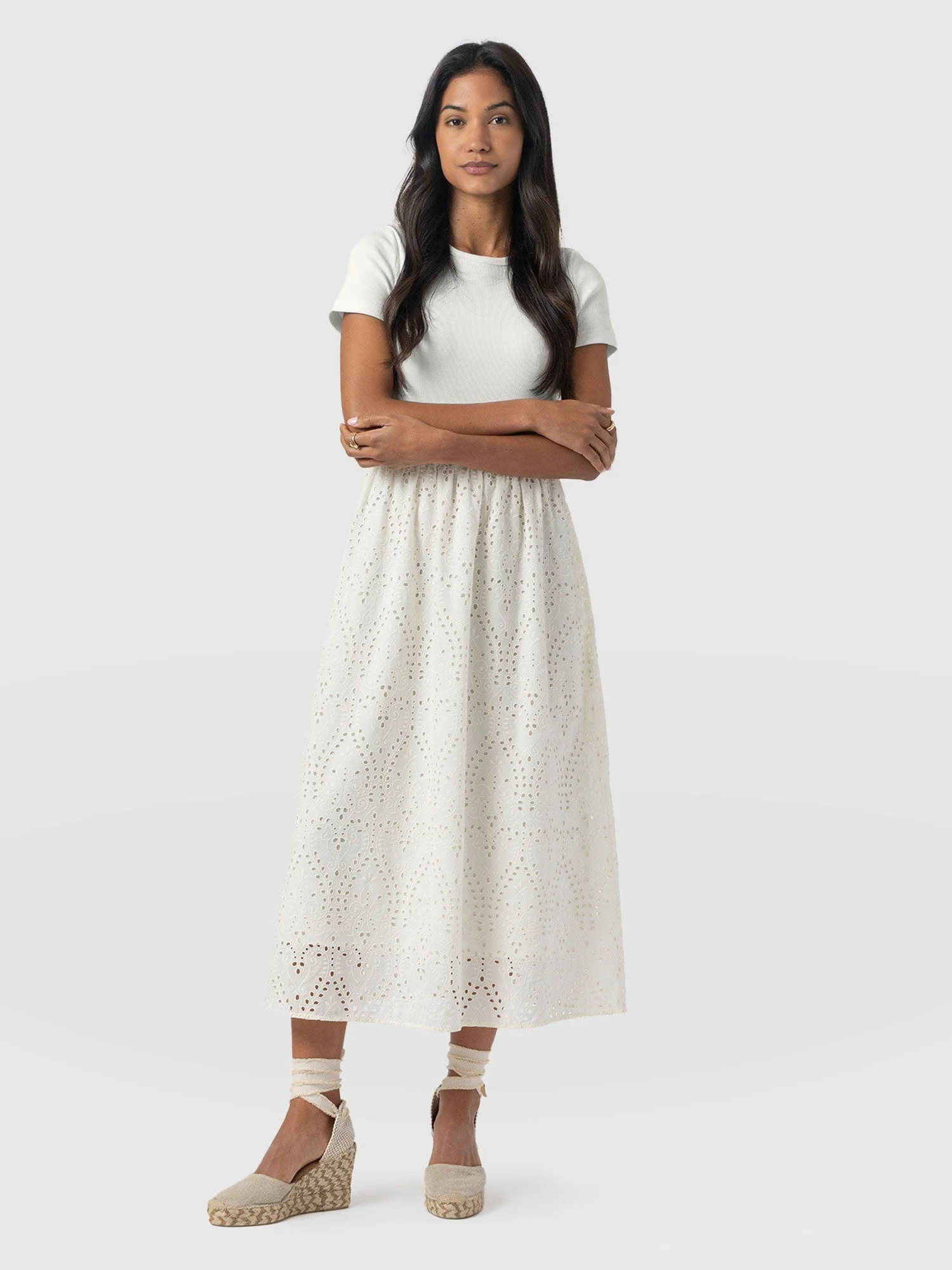 Sophia Contrast Dress - White Broderie