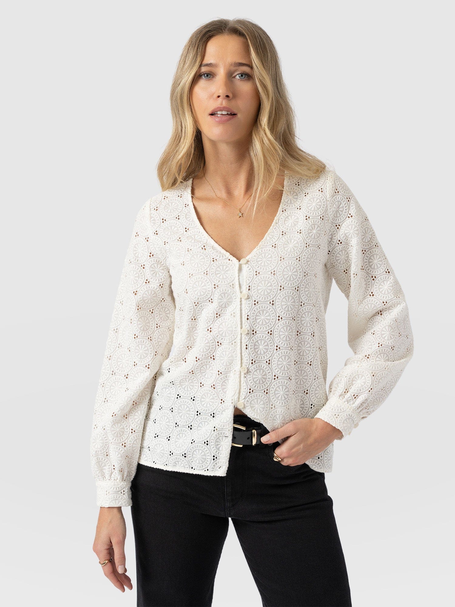 Tabitha V Neck Blouse - Cream Broderie - Image 2