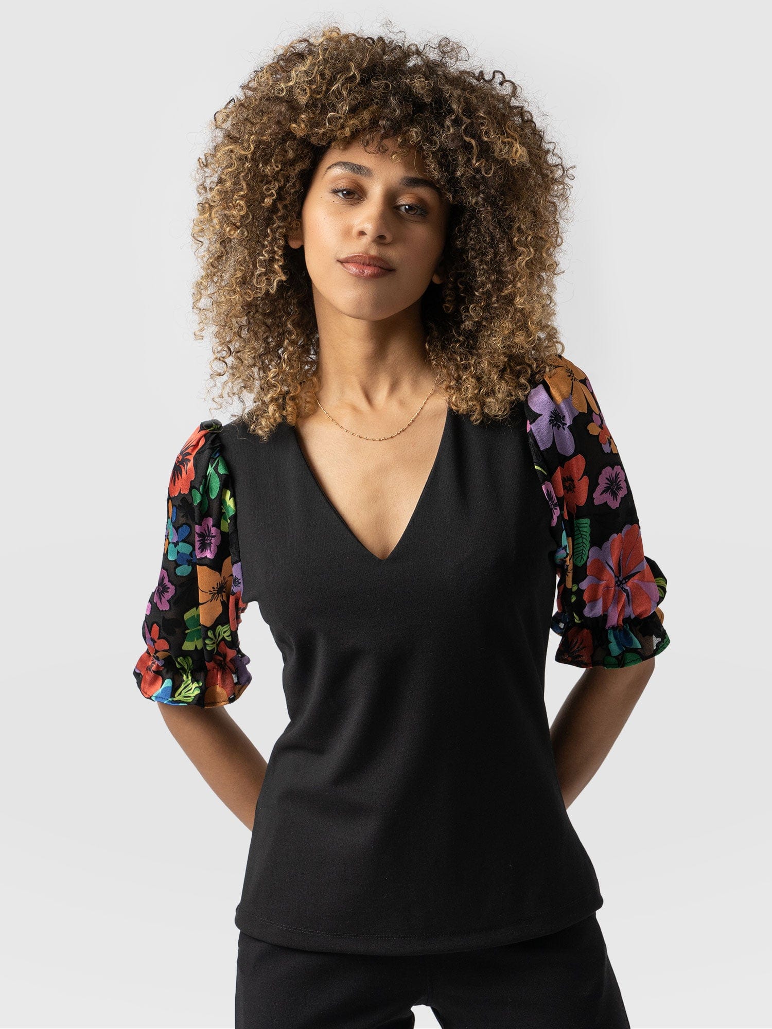 Tori Puff Sleeve Top - Black Pop Floral