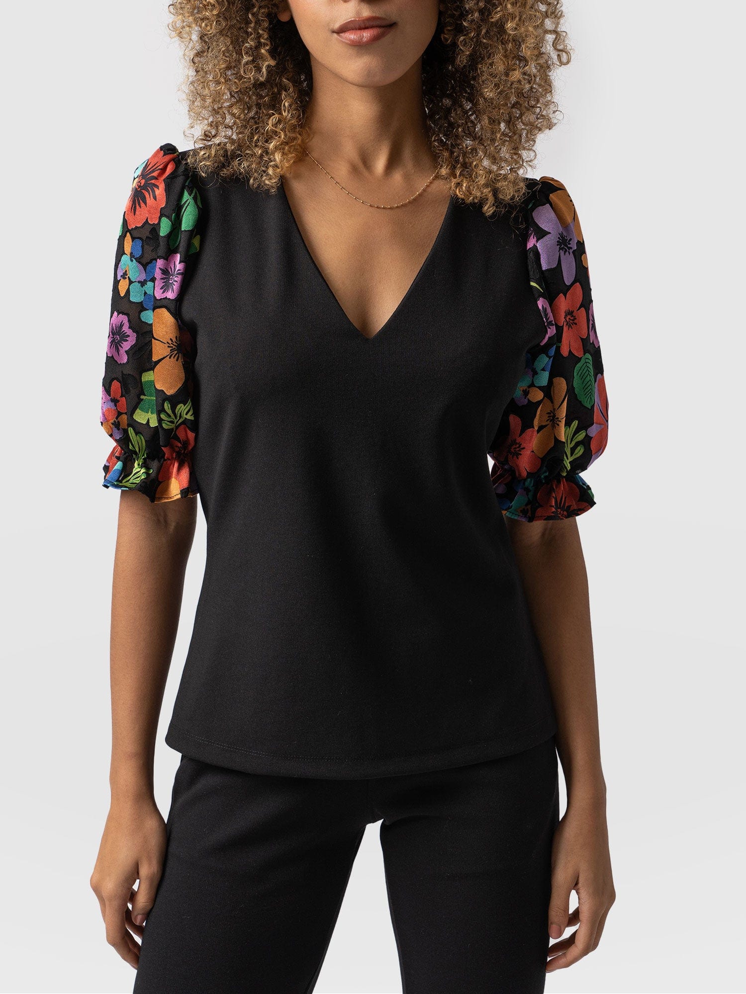 Tori Puff Sleeve Top - Black Pop Floral - Image 3