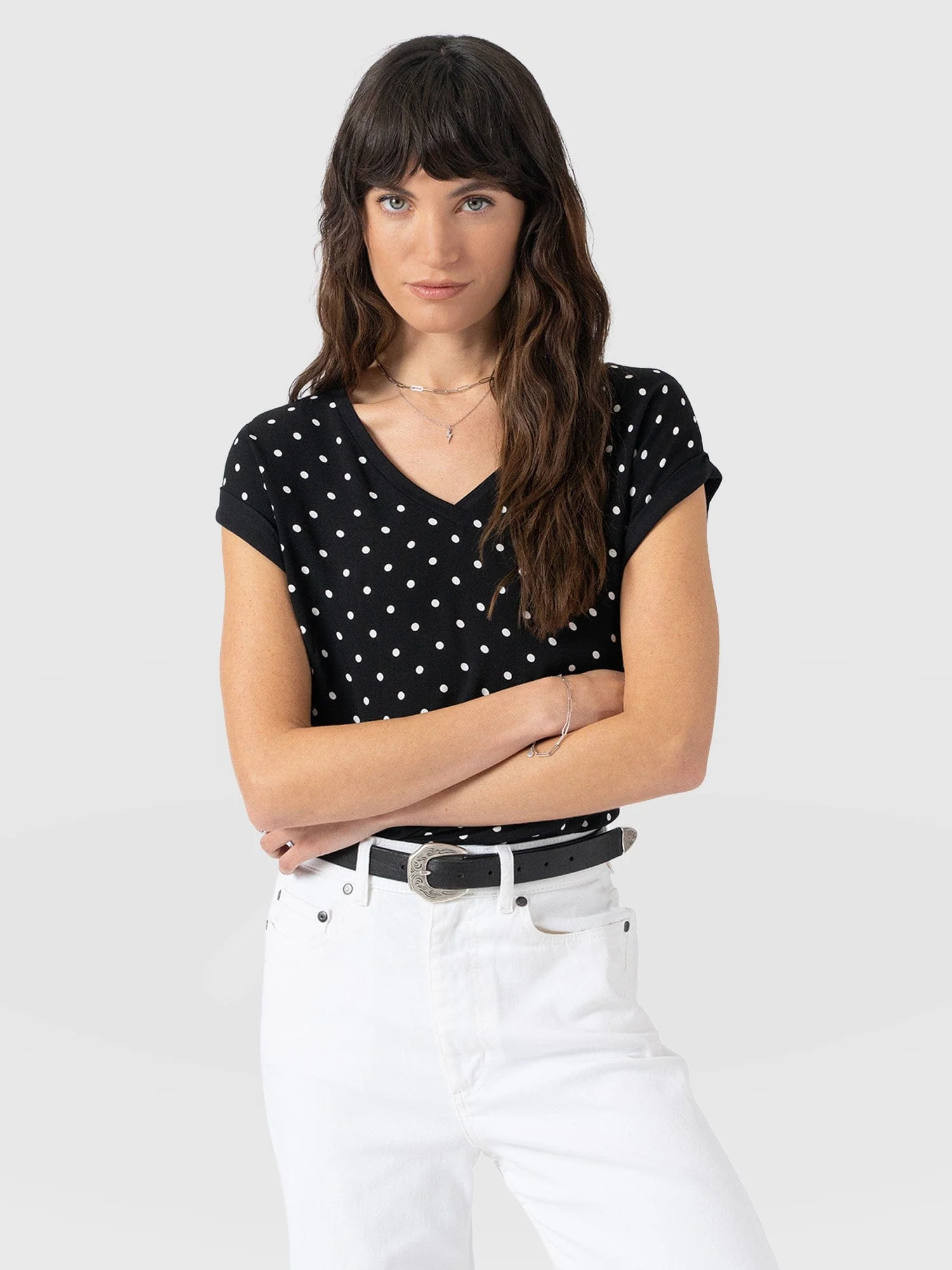 Turn Up Contrast V Neck Tee - Black Polka Dot - Image 2