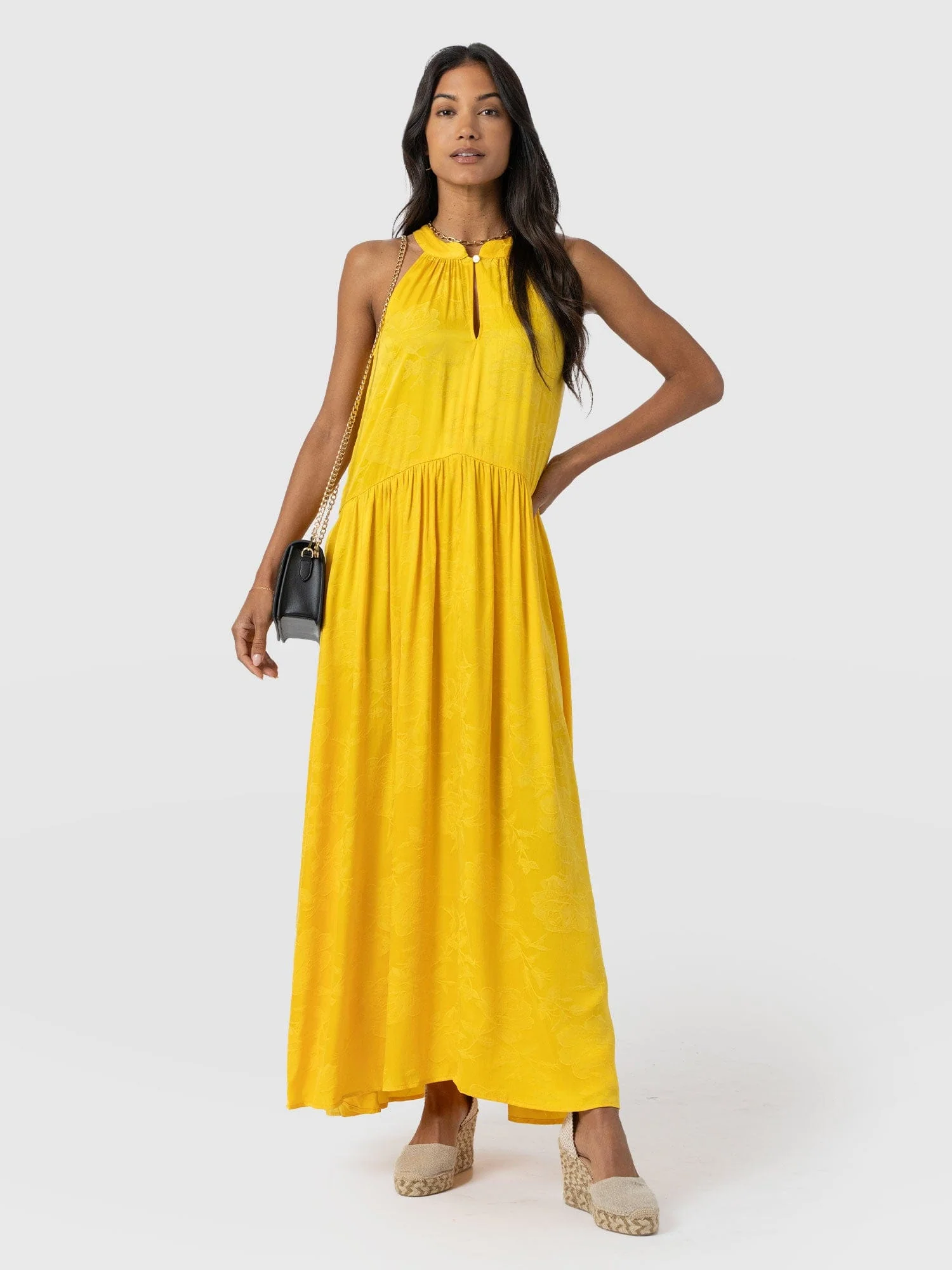 Zoey Halter Neck Dress - Yellow Jacquard - Image 2